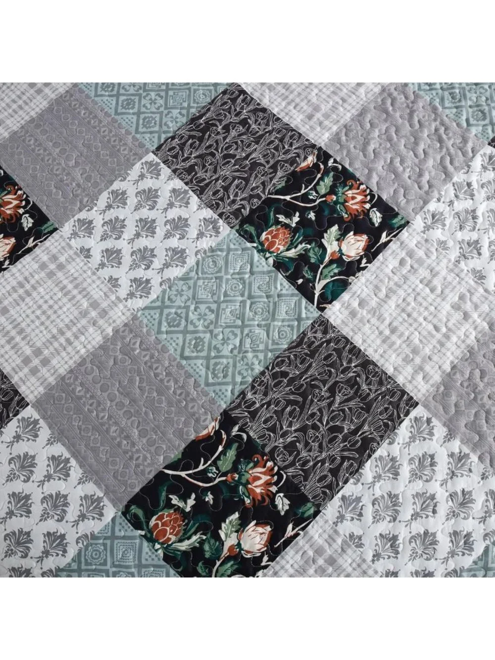 Boho Patchwork Quilt Set Queen, 3-Piece Floral Microfiber Bedspread, Reversible